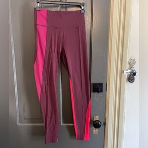 athleta fleecey colorblock swirl leggings maroon pink purple